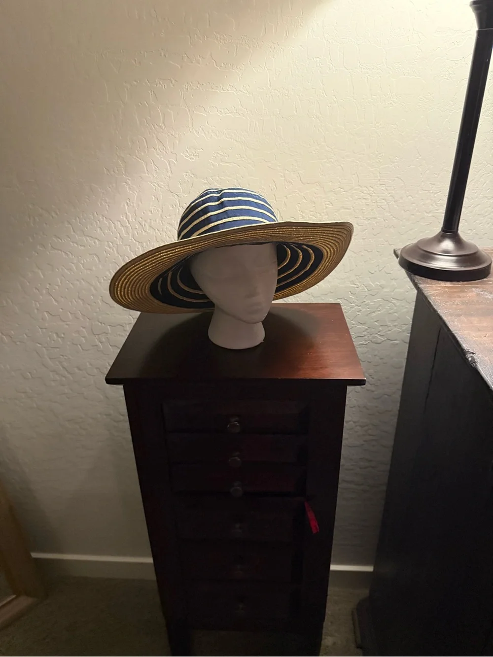Striped Wide-Brim Straw Sun Hat - Blue & Natural